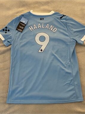 Puma Erling Haaland #9 Youth XL Manchester City Soccer Jersey Sky Blue Home